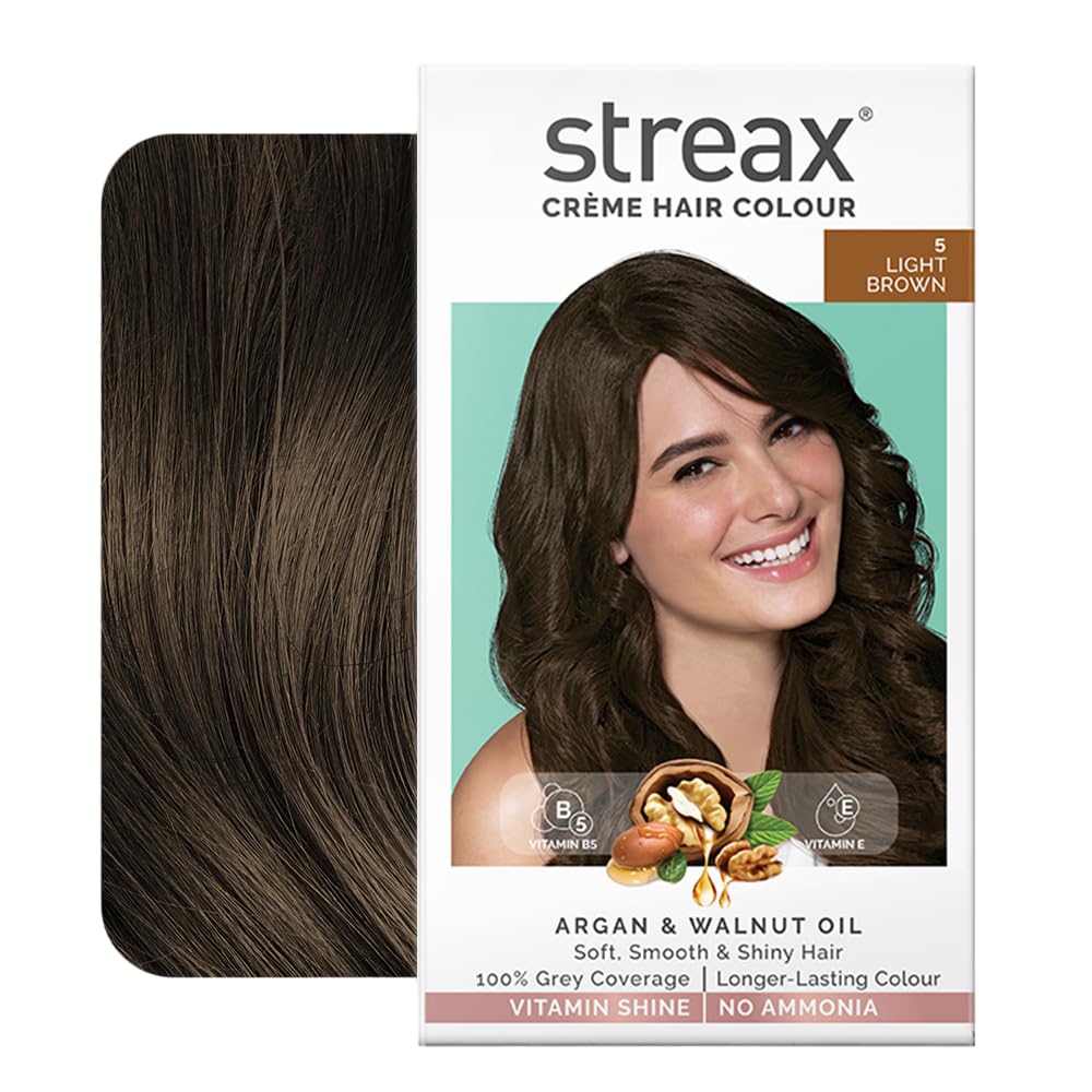 Streax Crème Permanent Hair Colour - 5 Light Brown Hair Color- 120 ml, 100% Grey coverage, Ammonia Free Hair Color, Long Lasting Hair colour for women