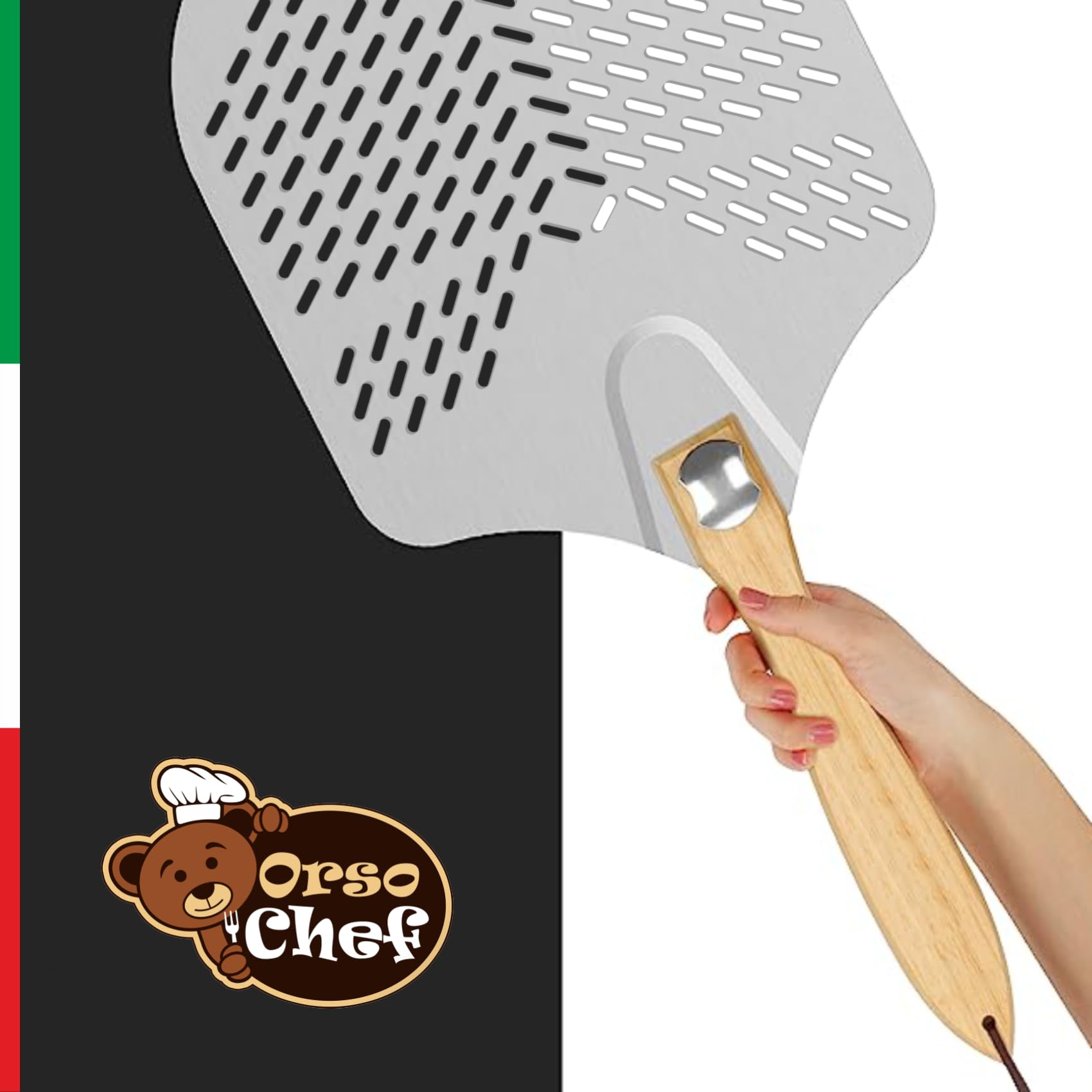 Pelle à pizza perforée - Pelle à pizza en aluminium - Avec manche pliable, professionnelle, nouvelle perforation professionnelle, robuste jusqu'à 4 kg. - Pour cuire du pain, des pizzas et des gâteaux.