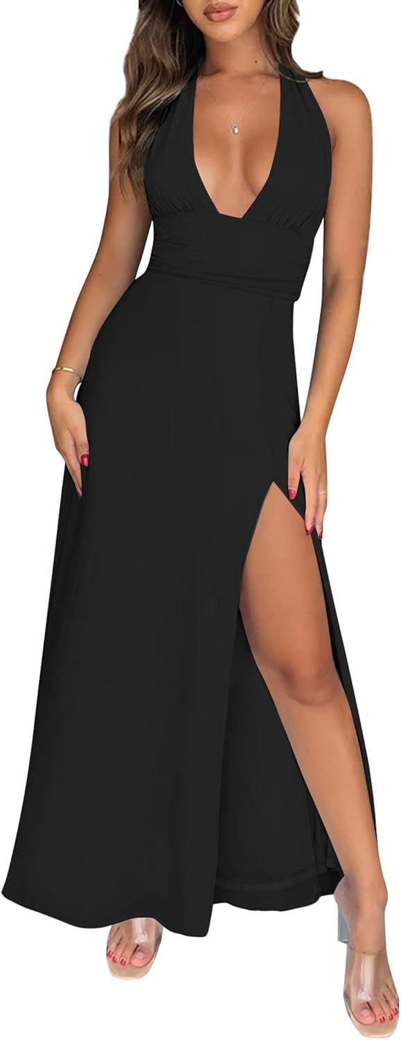 Women's Sexy V Neck Halter Maxi Dress Ruched Waist Tie Backless Summer Flowy Slit Wedding Cocktail Party Long Dresses