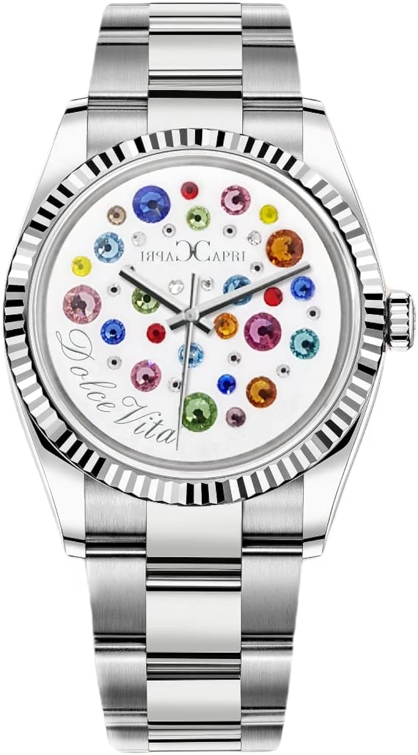 Capri Capri Orologio da donna Collezione Dolce Vita Cassa 37mm Subacqueo 100 mt Quadrante Bianco con Pietre Swarovski Cinturino Acciaio Oyster Capri Capri Orologio da donna Collezione Dolce Vita Cassa 37mm Subacqueo 100 mt Quadrante Bianco con Pietre Swarovski Cinturino Acciaio Oyster