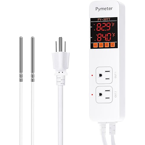 Digital Temperature Controller Dual Probe Reptile Thermostat Controlled Outlet for Terrarium Heat Mat Heating Pad, Switch Cooling Fan Freezer Fridge ON & Off at Setpoints 10A 1200W