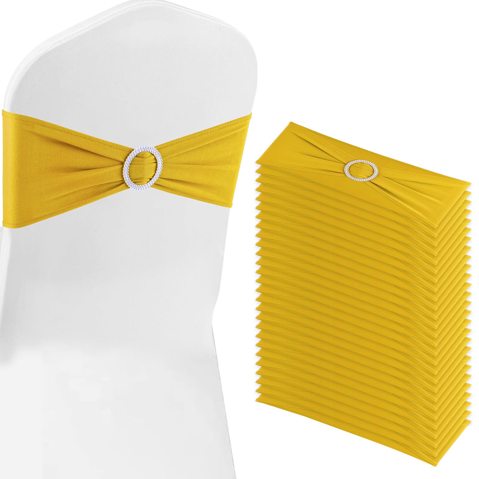 BOUBONI Gold Chair Sashes 50 Pack Spandex Stretch Chair Band Sashes with Buckles for Folding Chairs Wedding Party Reception Baby Shower Events Banquet Decorations