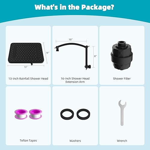 Miniatura 9 de Hibbent Cabezal de ducha con filtro de lluvia, 13 pulgadas, alta presión, 5 modos, brazo de extensión de cabezal de ducha de 16 pulgadas, extensor