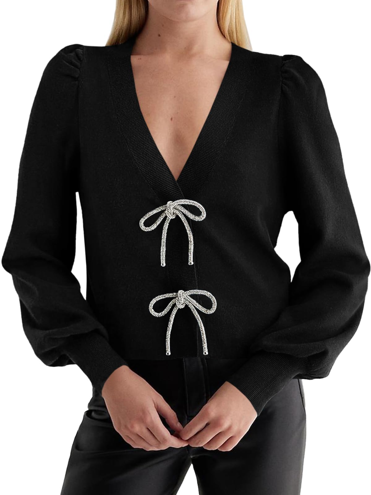 Womens Bow Button Front Cardigan Sweaters V Neck Cropped Knit Sweater