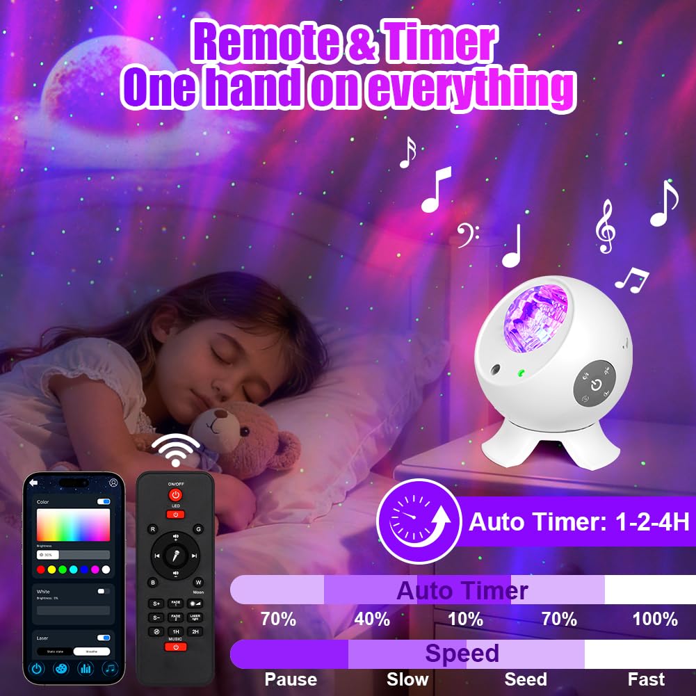 Proiettore Luminoso Galaxy, LED Proiettore Cielo Stellato Lampada, 18 Aurora, 8 Rumore Bianco, con Smart App, Timer e Telecomando, Bluetooth Musicale, per Adulti e Bambini, Letto e Soggiorno