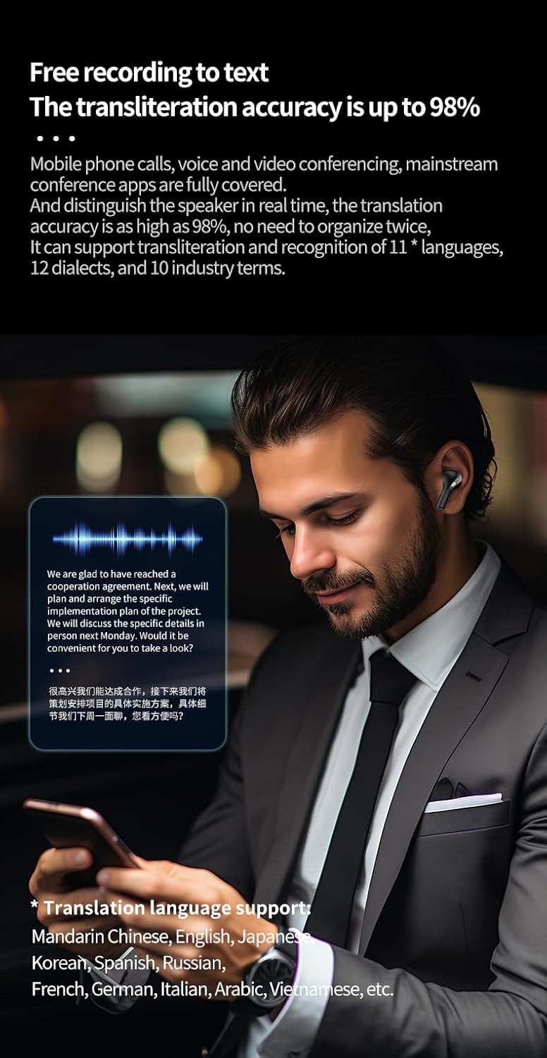 Man using AI Smart Earphones with a phone displaying real-time audio to text transcription and translation options.