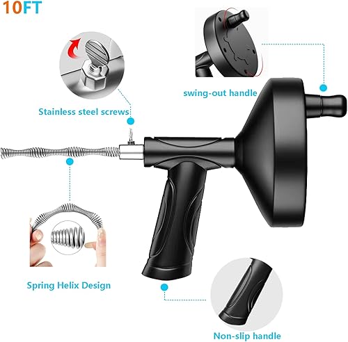 Miniatura 2 de PDHTC Barrena de drenaje, herramienta para eliminar obstrucciones de drenaje de serpiente de 10 pies para alcantarillas, cocinas y baños, viene con