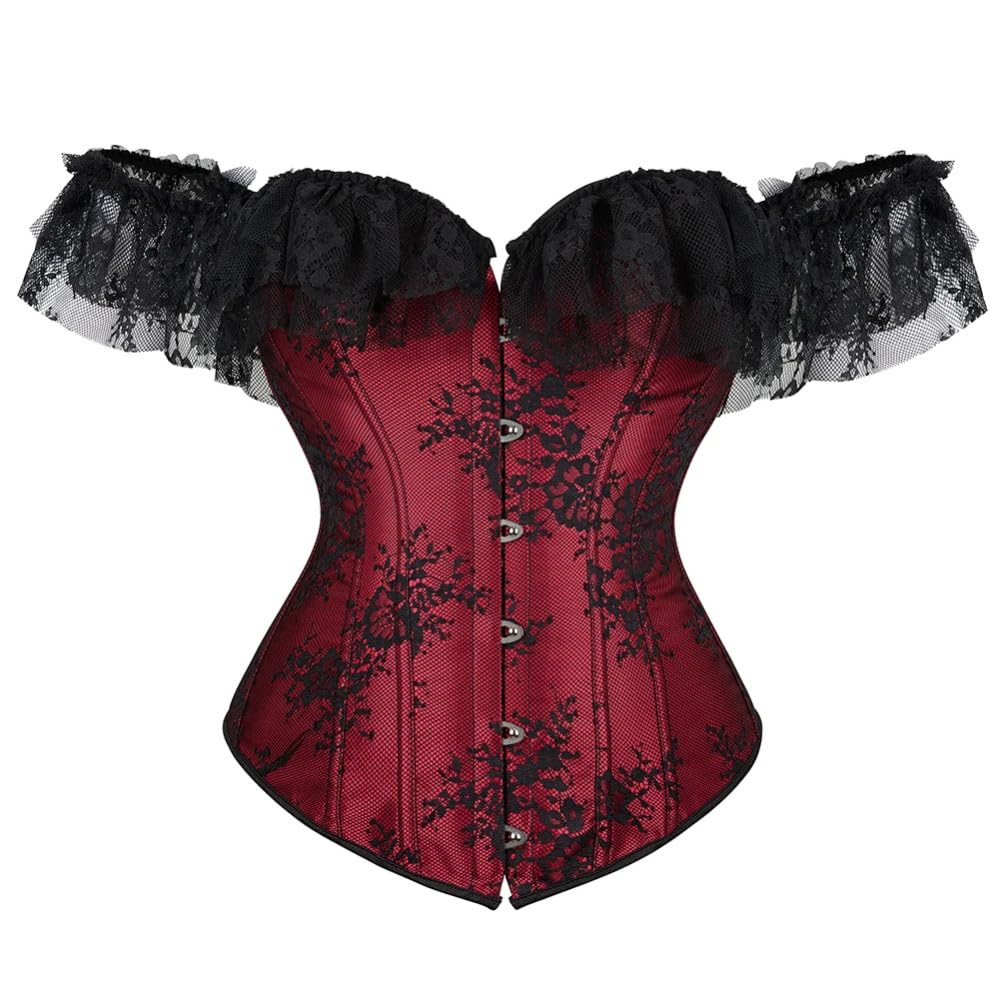 Corsetto Bustier A Maniche Corte In Pizzo Bordeaux Per Donna - Sexy Push Up Overbust Corsetto Basco Bustier Femminili Con Controllo Della Pancia, Bralette Da Festa Punk Gotico Body Shaper Top Da Donn