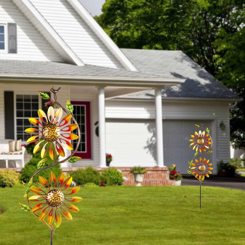 Molinillo de viento de girasol, 2 unidades, rotación, molinillo de viento para jardín, decoración de metal, girasol, jardín, metal, carillón de viento para jardín con estaca de metal, para interior y