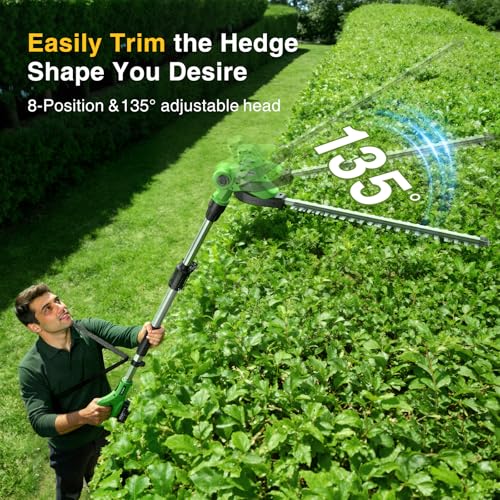 Image of TaskStar Pole Hedge Trimmer Cordless: 20 inch Electric Long Reach Shrub & Bush Trimmer with Extension Pole, 2x4.0Ah Battery, Dual-Action Blade Hedge Clippers, 3000 SPM High-Speed Motor, 8-Feet Reach