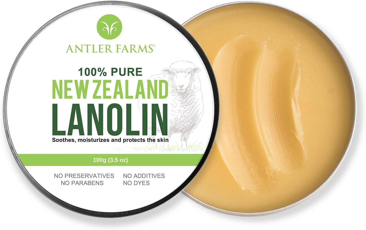 Antler Farms - 100% Pure New Zealand Lanolin, 100g, Skin Moisturizer and Protectant, Refined USP Grade Balm