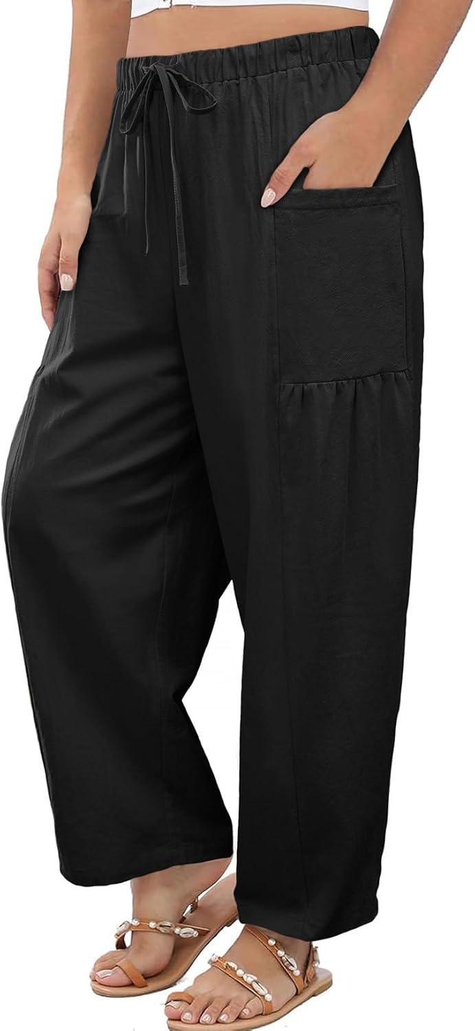 Eytino Womens Plus Size Wide Leg Pants Elastic Waist Drawstring Casual Palazzo Pants Lounge Trouser with Pockets(1X-5X)