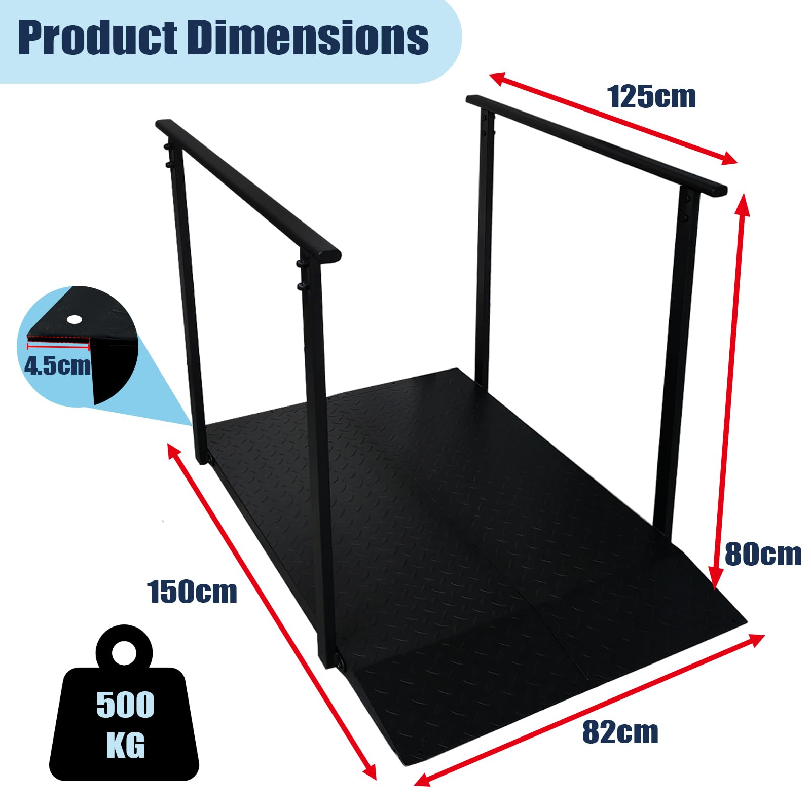 Rampa per Sedia a Rotelle con Corrimano 150 cm – Pedana Antiscivolo per Disabili e Anziani, Portata 450 kg, Ideale per Gradini, Soglie e Marciapiedi, Heavy Duty – Nero (150CM)