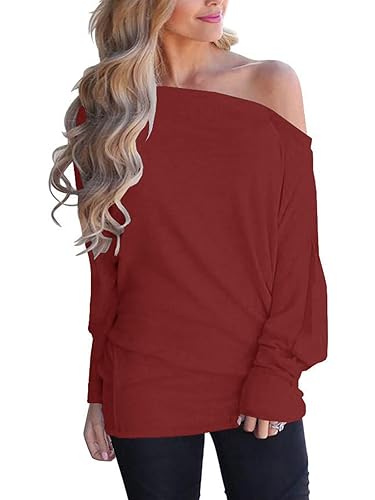 Eniloyal Women's Off Shoulder Tops Batwing Long Sleeve Shirts Loose Fall Fashion Blouse Tunic Oversized Pullover Sweater - Red - X-Large