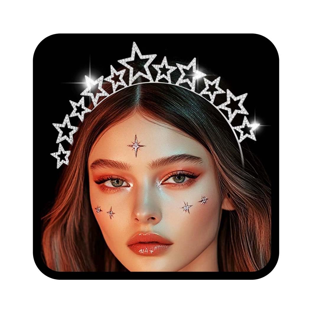 Reaky Stars Halo Crown Gold Headpiece Rhinestone Star Halo Crown Goddess Headbands Carnival Hair Accessories for Women (Silver