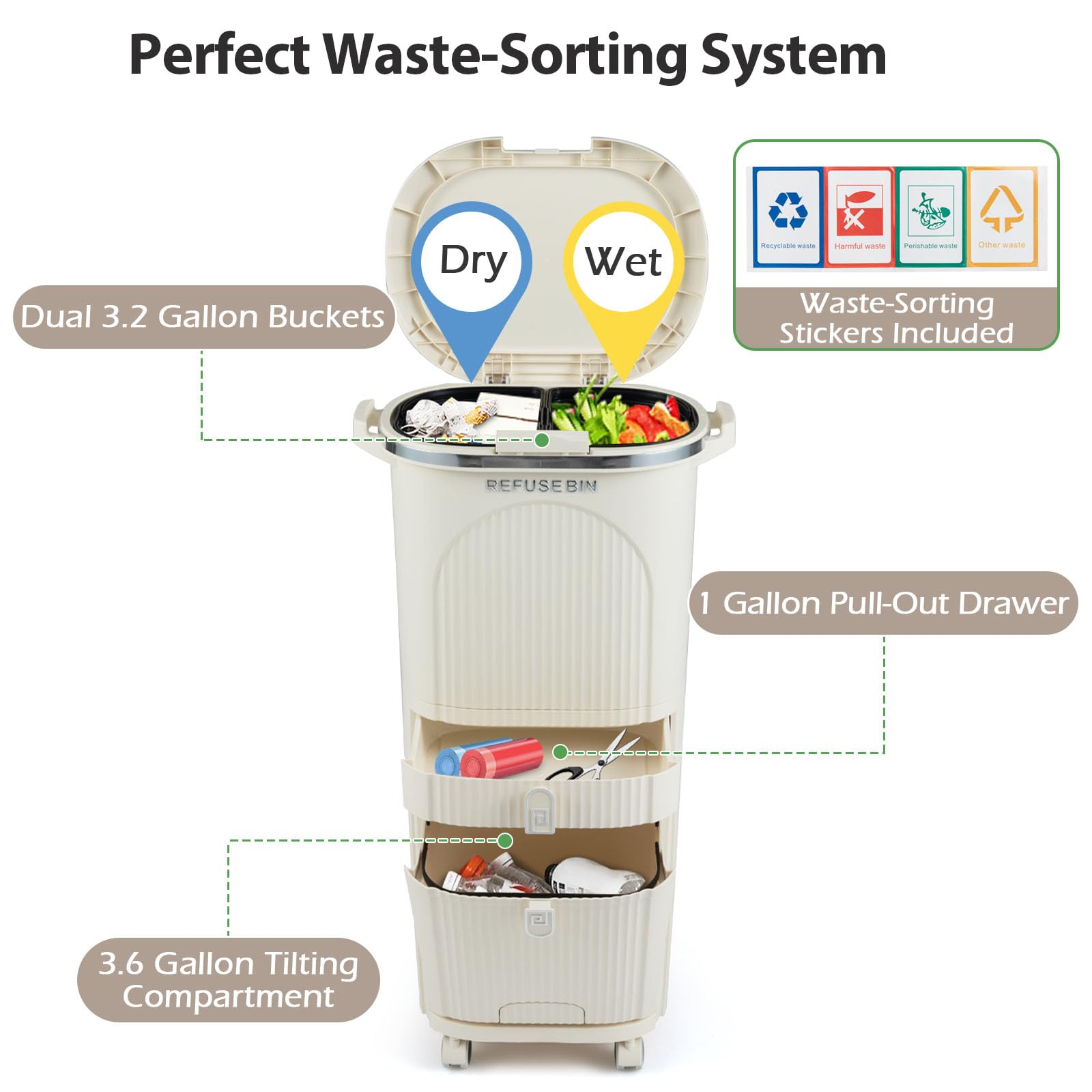 LIFEZEAL Cubo de basura con ruedas 42L y 3 compartimentos (42L) | Papelera de cocina con pedal, tapa y asa para cocina, salón y oficina