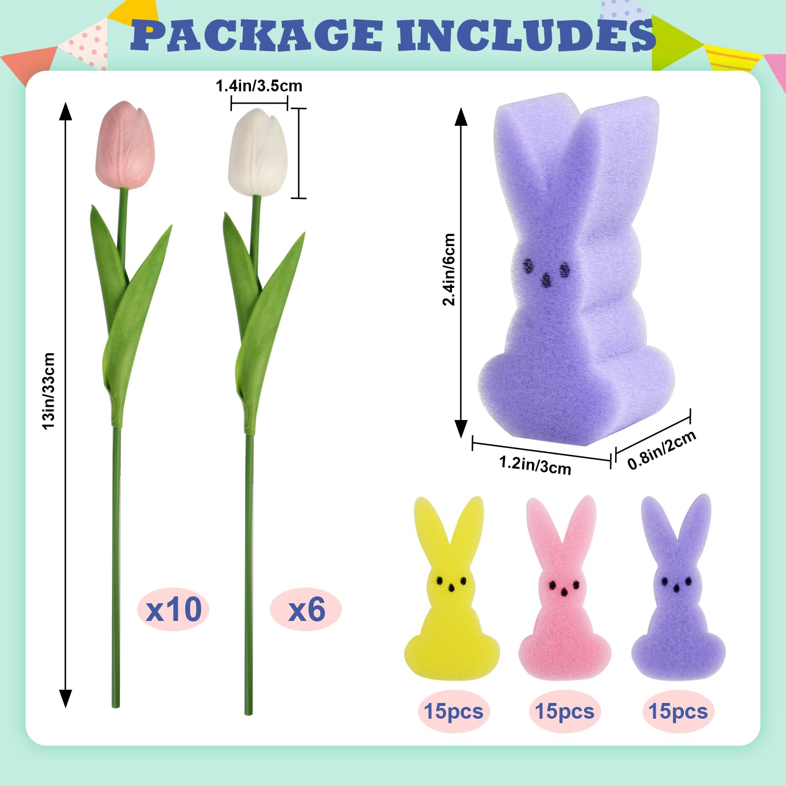 letesult Easter Bunny Vase Filler Decorations, 16 PCS Tulips Artificial Flowers & 45 PCS Bunnies Vase Filler Kit, Easter Spring Rabbit Flowers Vase Filler for Table Centerpiece Spring Home Decoration