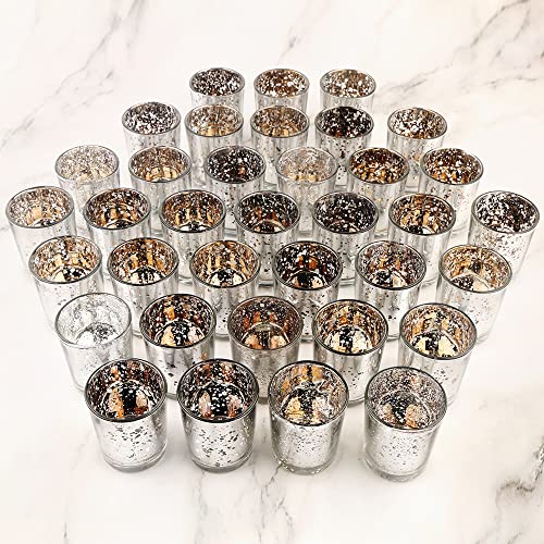 BTGLLAS Silver Mercury Glass Tea Light Holders Set of 36 - Elegant Votive Candle Holders for Weddings, Showers and Home Decor - Perfect for Table Centerpieces and Parties (Glass, Silver)