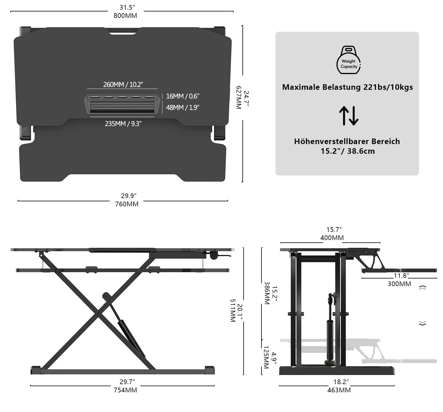 Fenge Arbeitsplatz, höhenverstellbar, 80 x 40 cm, Sitz- und Stehschreibtisch, mit Tastaturablage, Ständer für Laptop, Monitor, PC, Schwarz