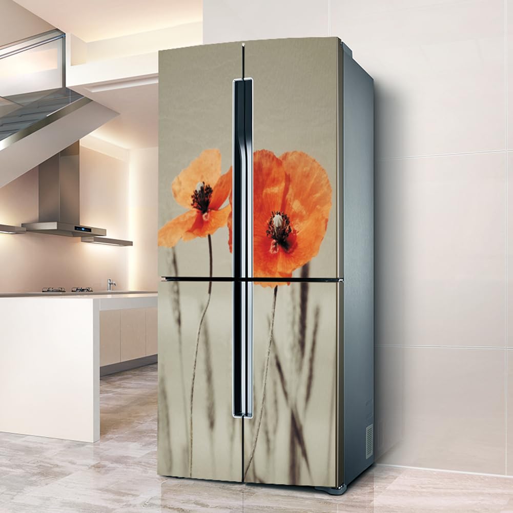 Fridge Sticker, Fridge Sticker Full Covering Door Covers Decor, Freezer Skins Wall Stickers for Kitchen Decal, Blooming Poppy Flower(L: 100x180 cm)