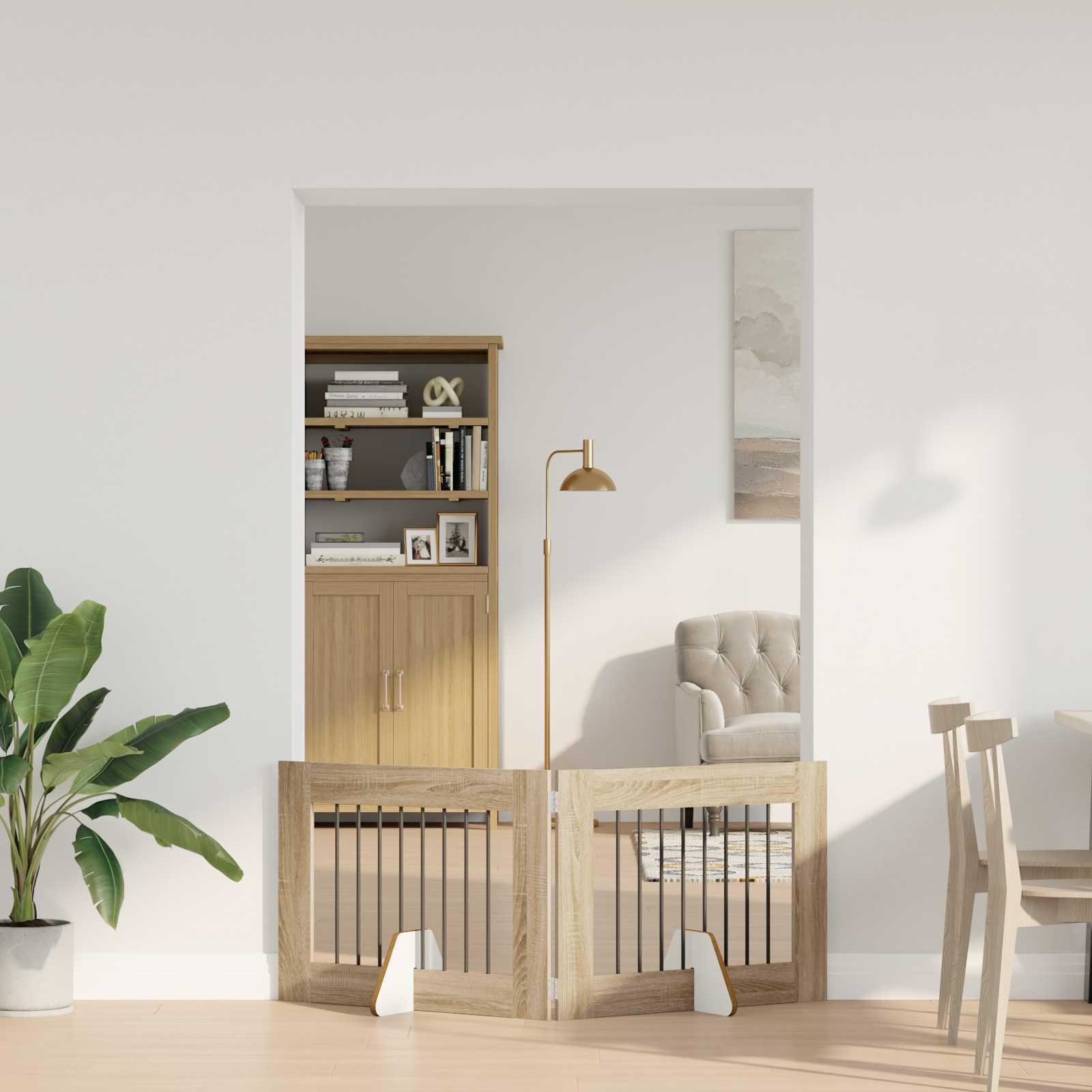 Mangloder - Portería plegable para perros con soporte, 2 piezas de roble Sonoma, material de madera, 160,5 cm de longitud total, plegable, interior, piso, rueda libre segura para perros, cachorros