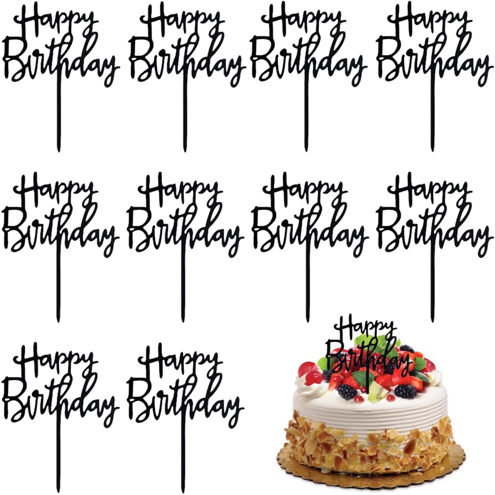BAVALIN 10 Stück Happy Birthday Tortendeko - Happy Birthday Cake Topper Kuchendekoration, Acryl Tortendeko Geburtstag, Cupcake Topper Geburtstag für Babyparty Jubiläen Party Dekoration, Schwarz