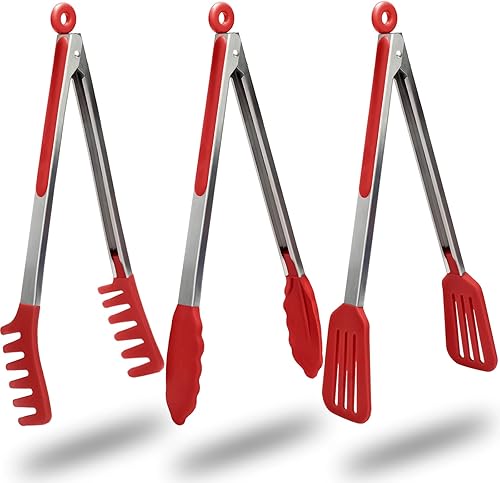 Miniatura 9 de HST Paquete de 3 pinzas de cocina, pinzas antiadherentes de acero inoxidable de 9 pulgadas con punta de silicona para cocinar, barbacoa, hornear