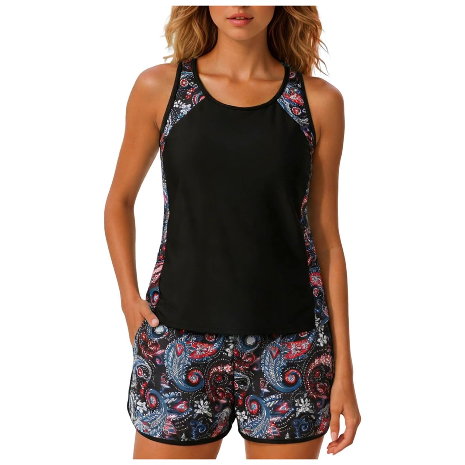 Generico Costume da Bagno Due Pezzi Donna Tankini Vita Alta Push Up Curvy Swimwear Elegante Pantaloncini Beachwear Ideale per Vacanze Mare e Tutte Le Occasioni Estive