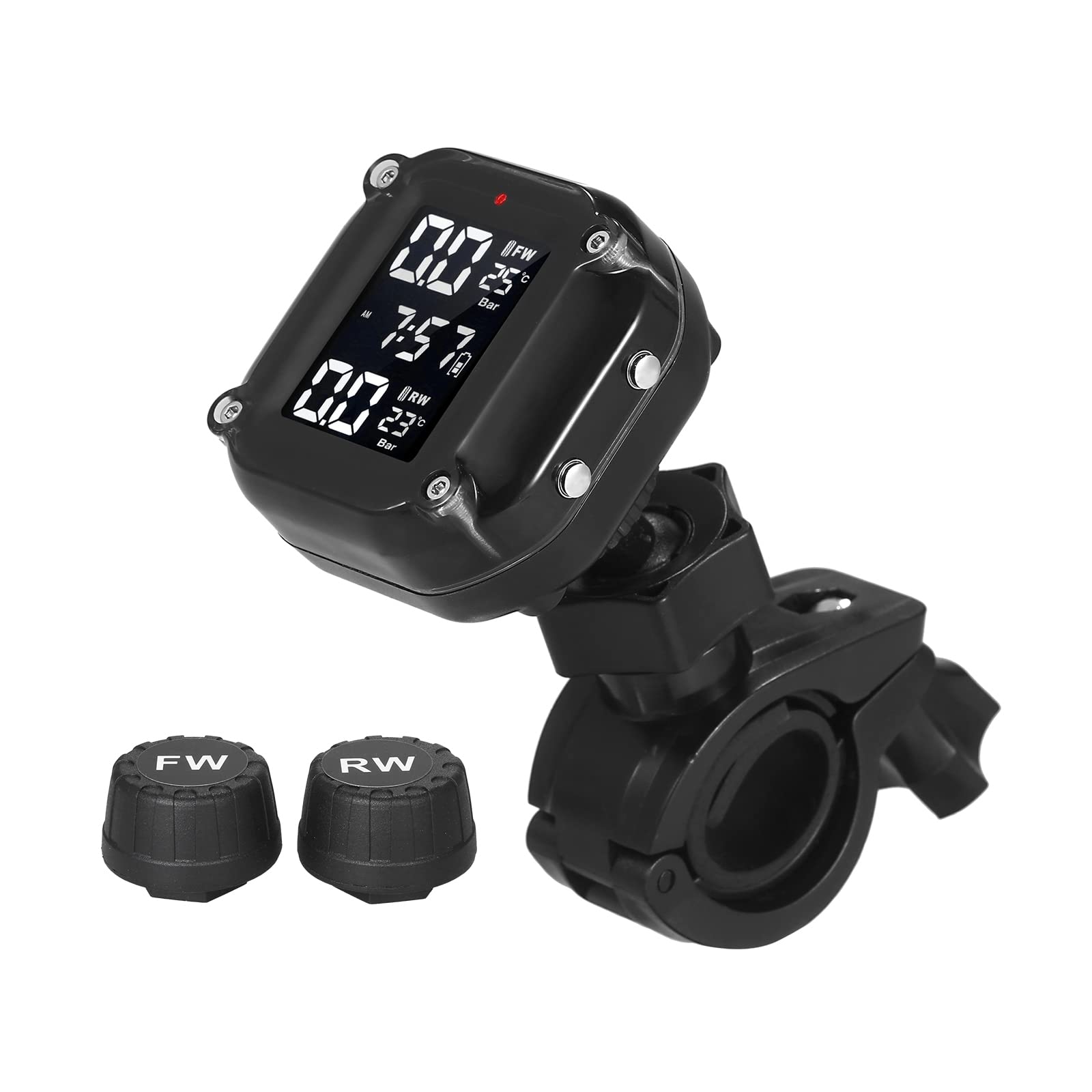 Domary di Monitoraggio della Pressione dei Pneumatici per Moto 0-8 Bar 7 modalità di Allarme Sveglia Automatica Sonno Porta Ricarica Magnetica con 2 Sensori Esterni per Monitoraggio