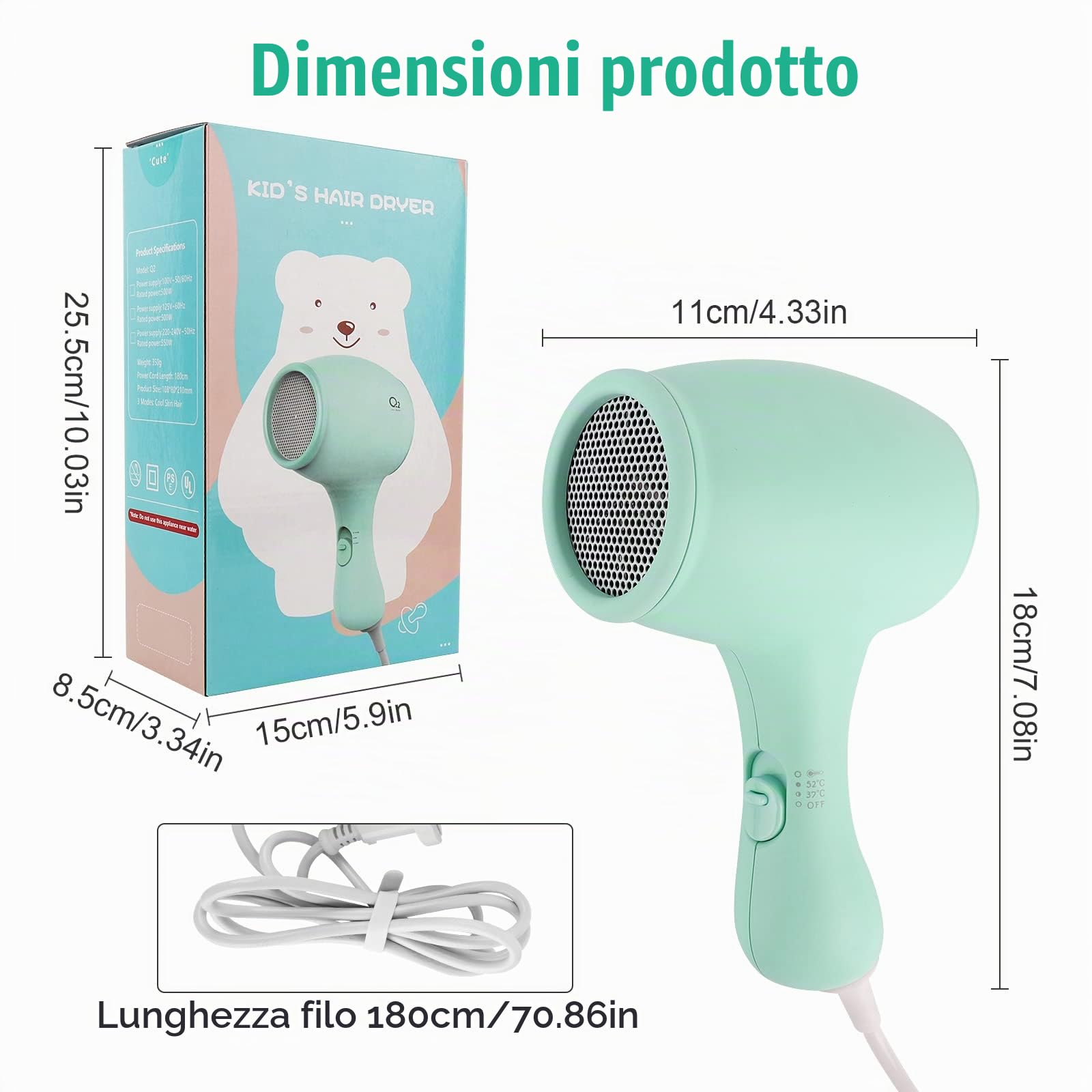 Lotvic Fon per Bambini, Mini Asciugacapelli Portatile da Viaggio per Ragazze, 3 Impostazioni di Velocità, Caldo e Freddo a 550W - Verde