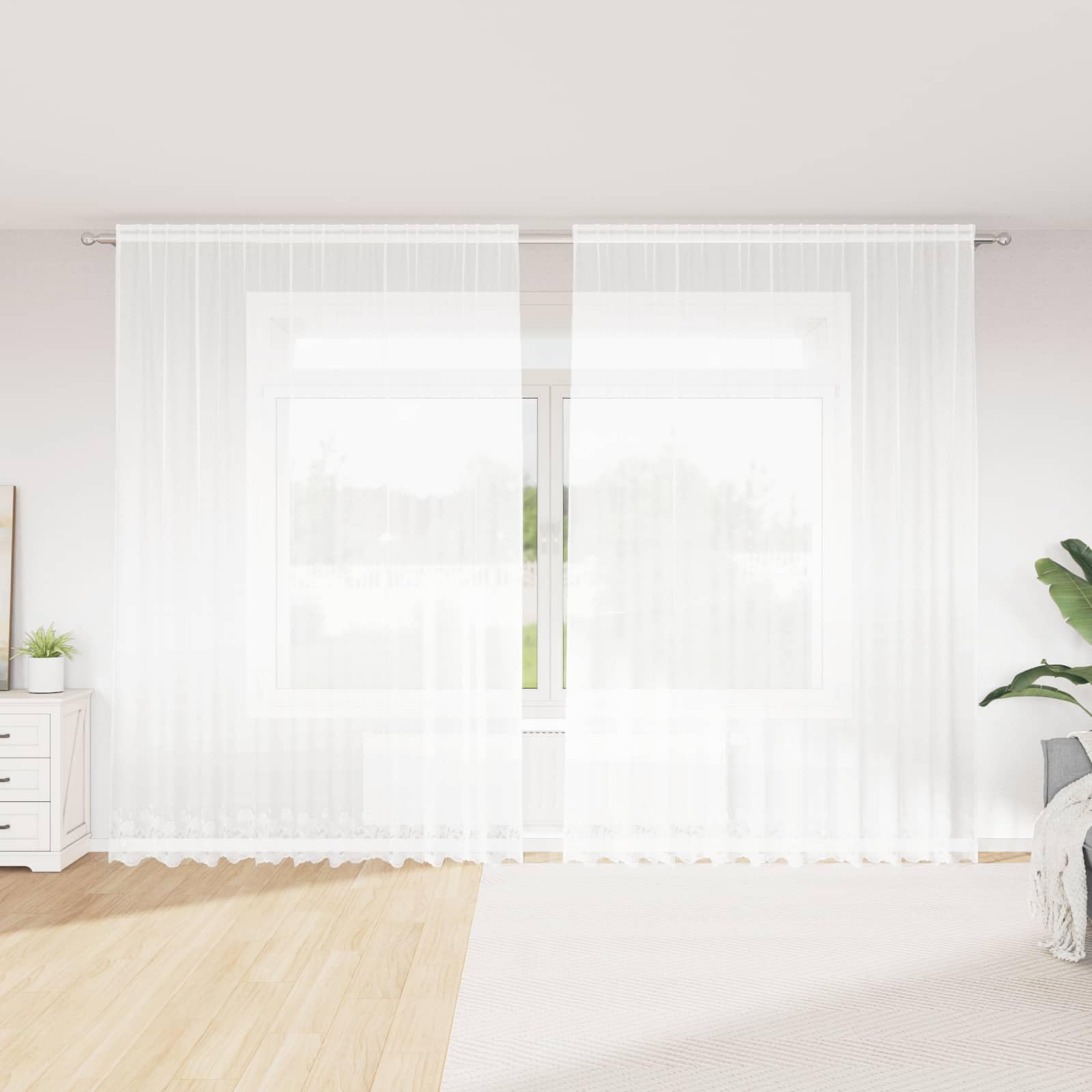 Zasłona koronkowa, biała, 280 x 300 cm, z poliestru z przezroczystą firanką, nieprzejrzysta i zaciemniająca, do salonu, sypialni, z pętelkami, oczkami i taśmą marszczącą, wszechstronne