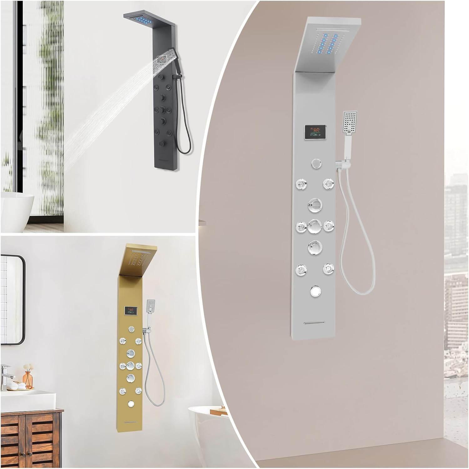 6 In 1 Shower Panel System, Smart Shower Panel Mechanism with LED Display, Wall Mounted Full Body Shower Mechanism with 1 Handheld Shower and 1 Overhead Shower, Stainless Steel Bathroom Panel, Gold