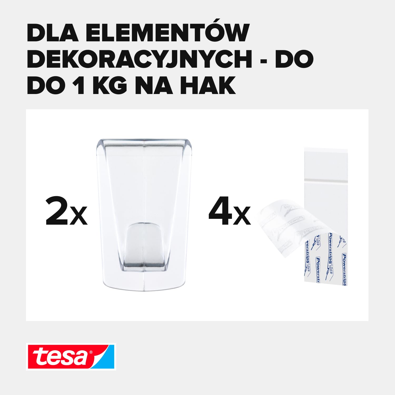 Tesa Haczyki Samoprzylepne, do 1 kg mocy na haczyk, 2 sztuki, Przezroczysty
