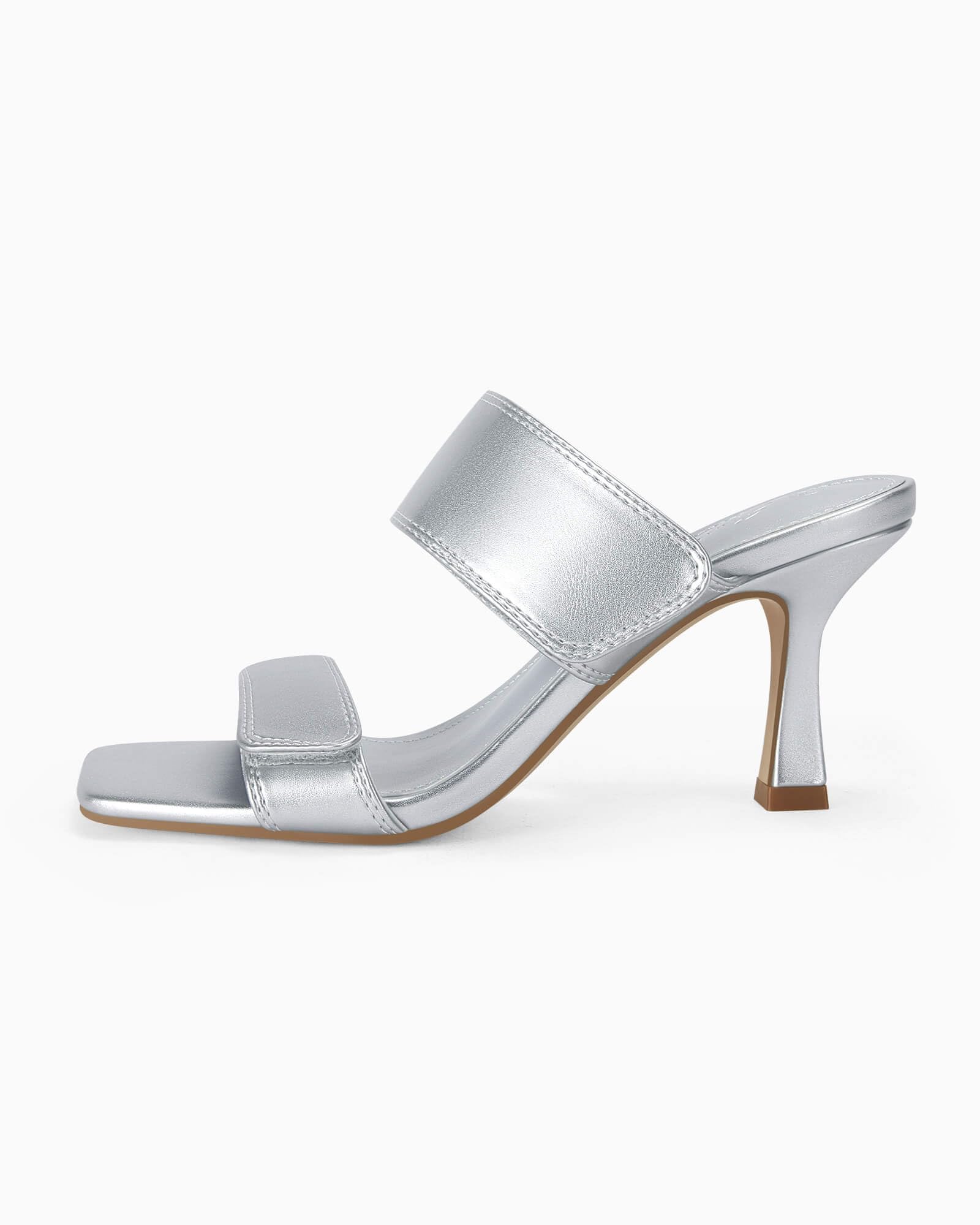 Ermonn Womens Two Strap Heeled Sandals Slip On Square Open Toe Stiletto Faux Leather Backless Mule Heels Slippers