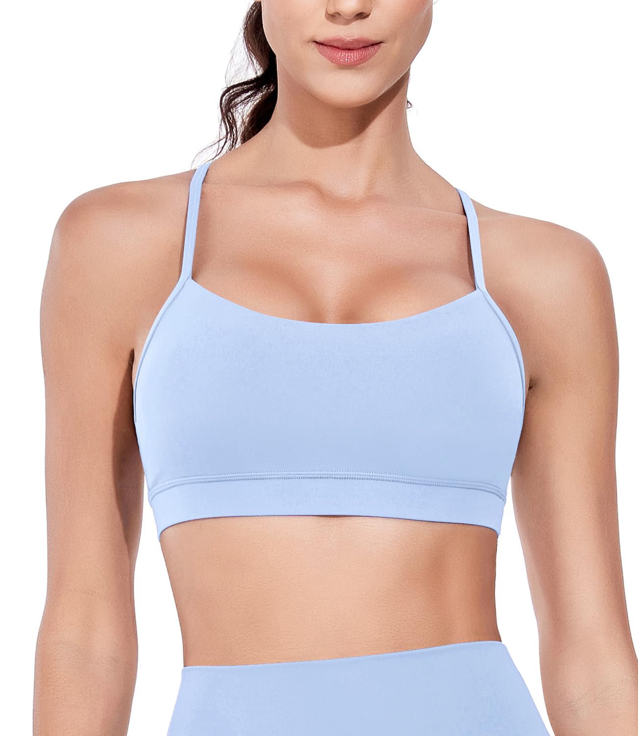 wirarpa Damen Sport BH Gepolstert Ohne Bügel Y-Rücken Yoga Bra Atmungsaktiv Spaghetti Top Light Blau Größe L
