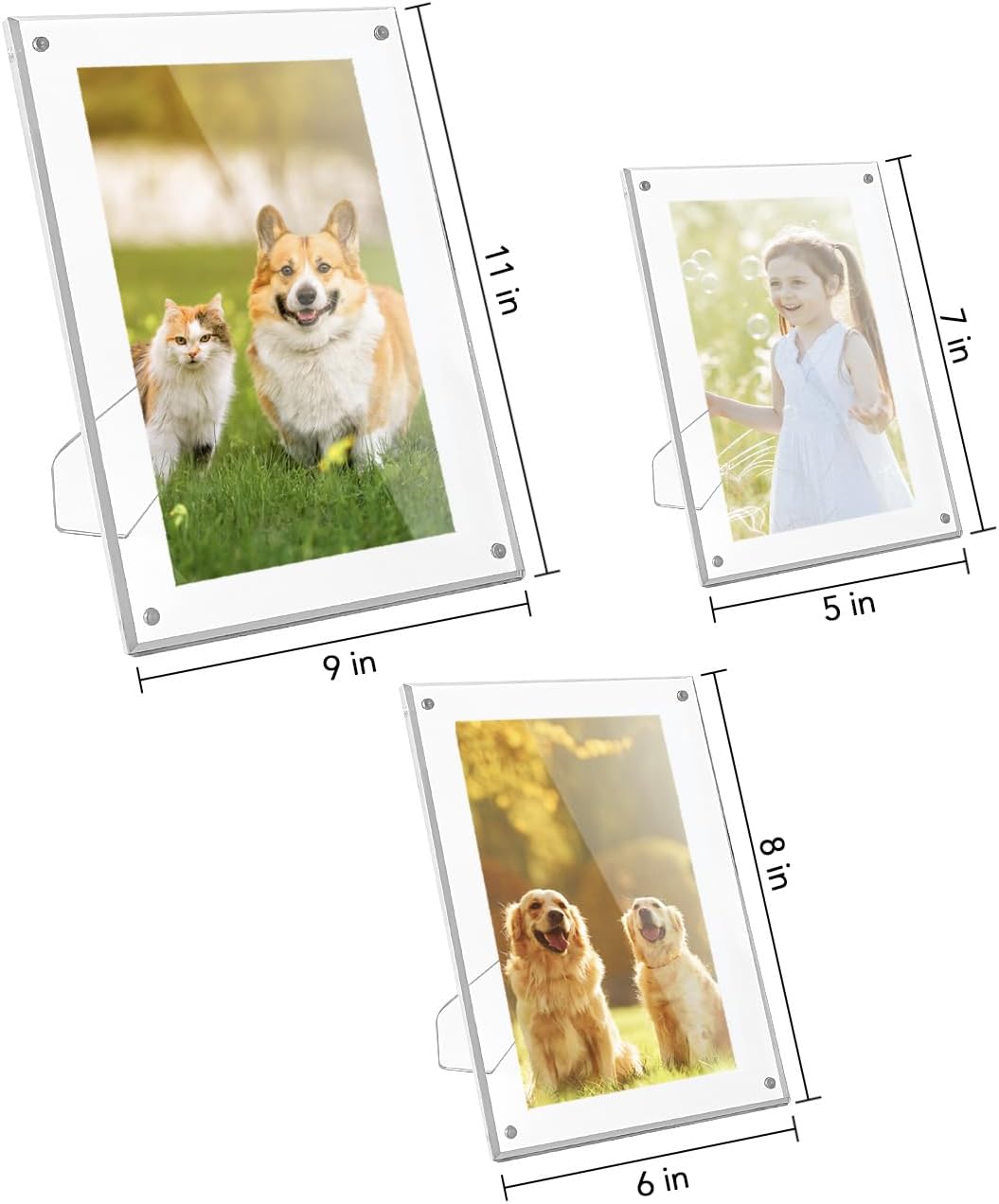 AceList Picture Frame Set of 3, Magnetic Acrylic Floating Photo Frame with Stand, Clear Picture Frame Gift for Tabletop Display Horizontally or Vertically, Includes 4 X 6, 5 X 7, 8 X 10