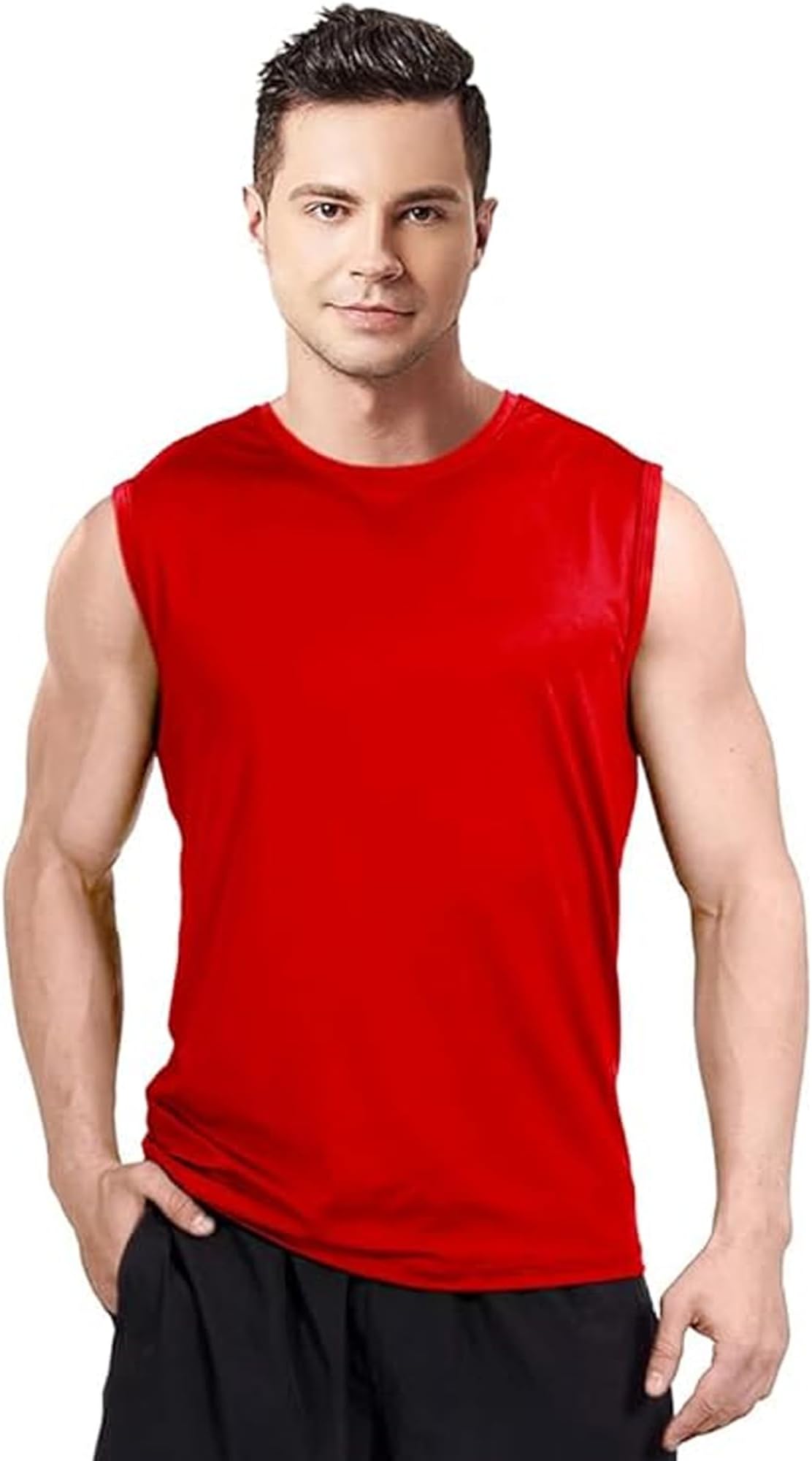 Men's Dryfit Active Performance Solid Round Neck Sleeveless Polyester T-Shirt