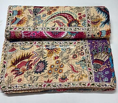 Queen/Twin/King Mullti Floral Patchwork Less Mukut Print Throw Reversible Blanket Indian Kantha Quilts Ethnic Stitched Bedcover Bohemian Floral Print Kantha Comforter Quilting Kantha (60X90 inches)
