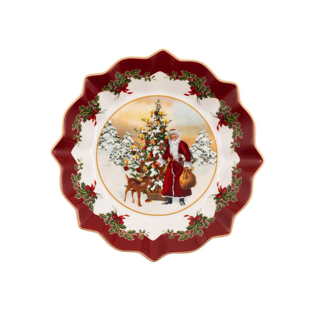 Villeroy & Boch – Toy's Fantasy Dish on a Foot with Santa and Christmas Tree, Decorative Dish on a Foot for Baked Goodies, Premium Porcelain, 24 x 24 x 12 cm, red/Multi-Coloured/White