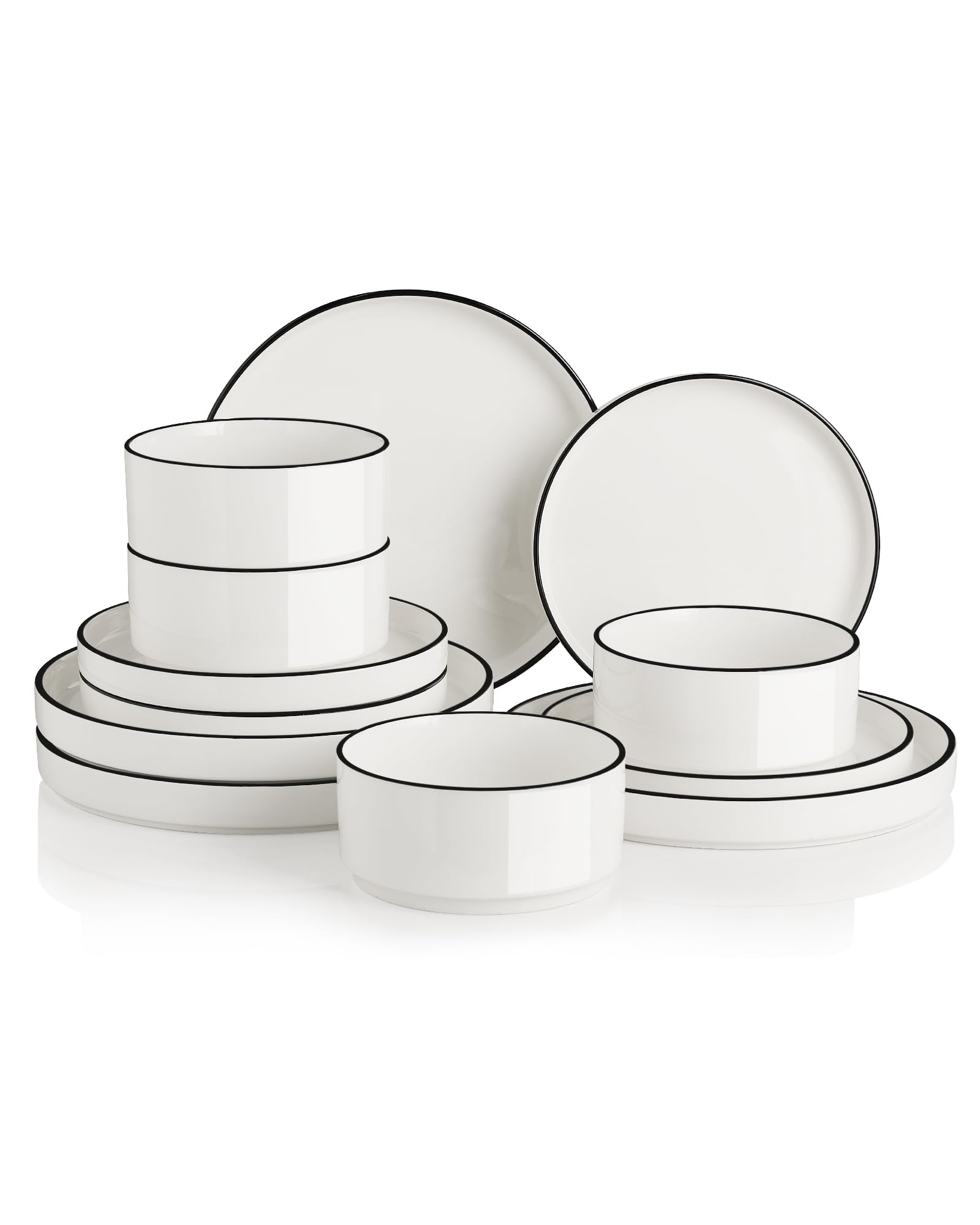 Sweejar Home Service de table 12 pièces en porcelaine pour 4 personnes avec assiettes et bols en céramique - Classique et moderne - Passe au lave-vaisselle et au micro-ondes (bord blanc/noir)