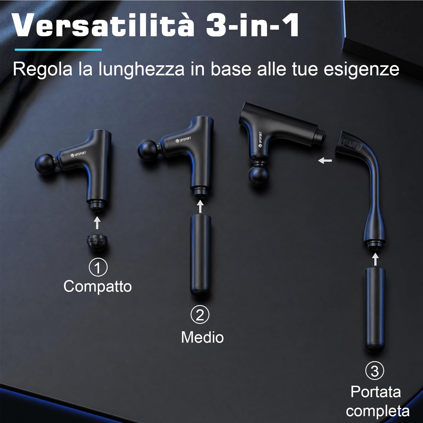 Pistolet de Massage Dos avec Poignée Extensible, 50cm Percussion Turbo Massage Tissus Profonds pour Auto-Massage, Force 7kg Masseur Portable Électrique pour Récupération Musculaire, 4 Têtes