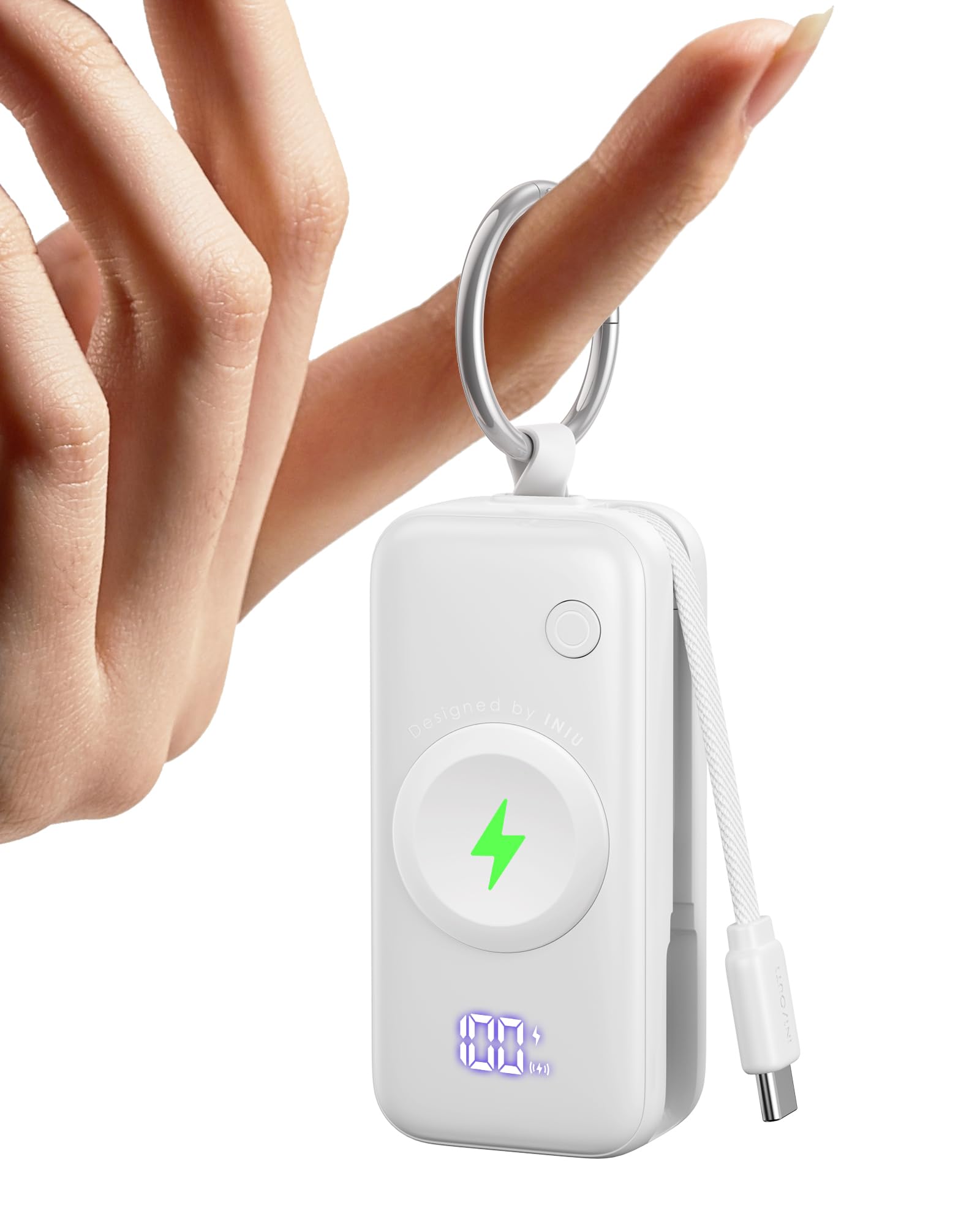 INIU Power Bank for Apple Watch, 5000mAh Wireless Portable Charger Powerbank with Built-in Cable, Slim Travel Keychain Battery Pack with LCD Display for iWatch 10/9/8/Ultra2/Ultra/SE, iPhone 16 White