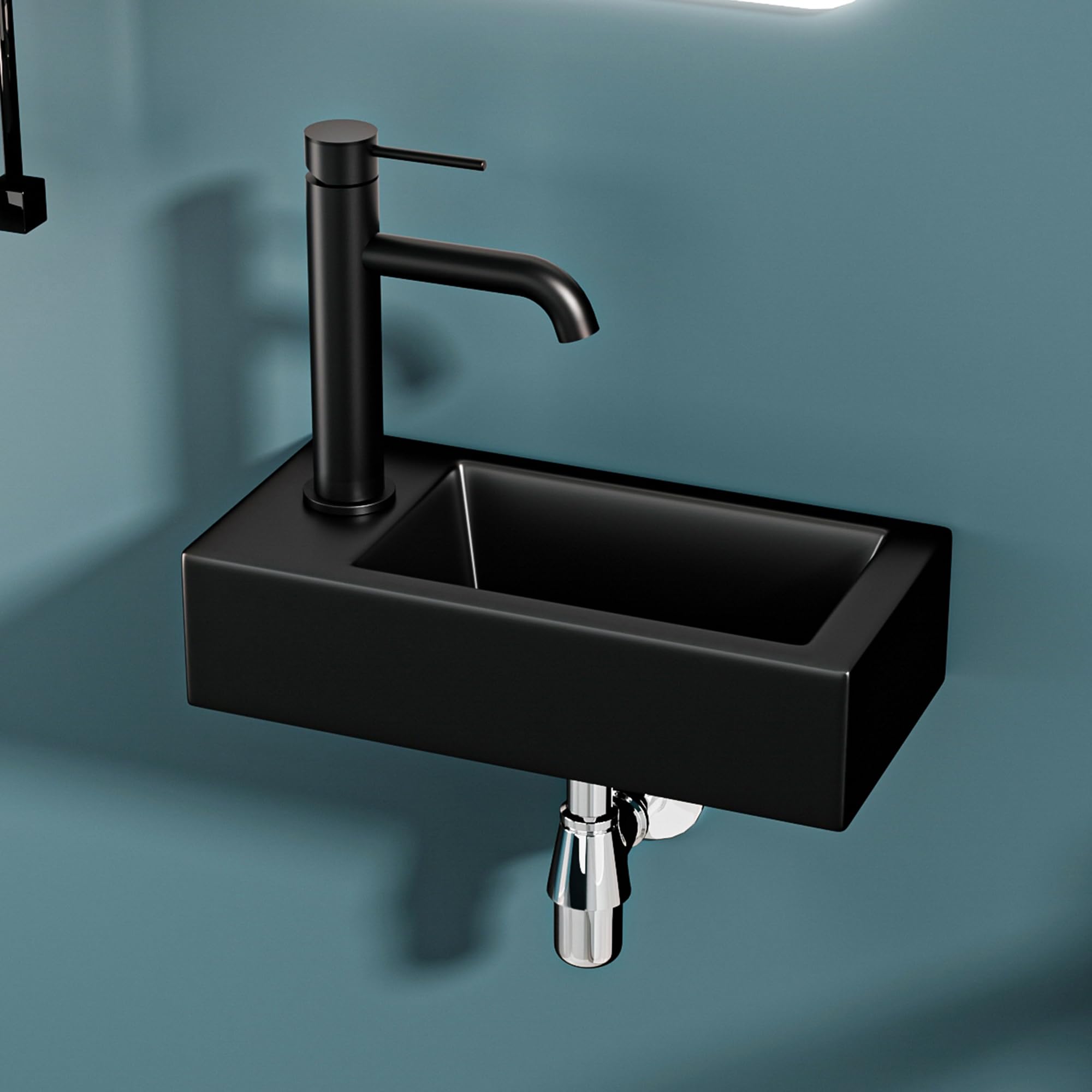 Lavabo compatto nero opaco con uscita sinistra 36,5 x 18 x 9 cm – Lavabo rettangolare in ceramica – ideale per WC, piccoli bagni d'acqua e spazi ristretti
