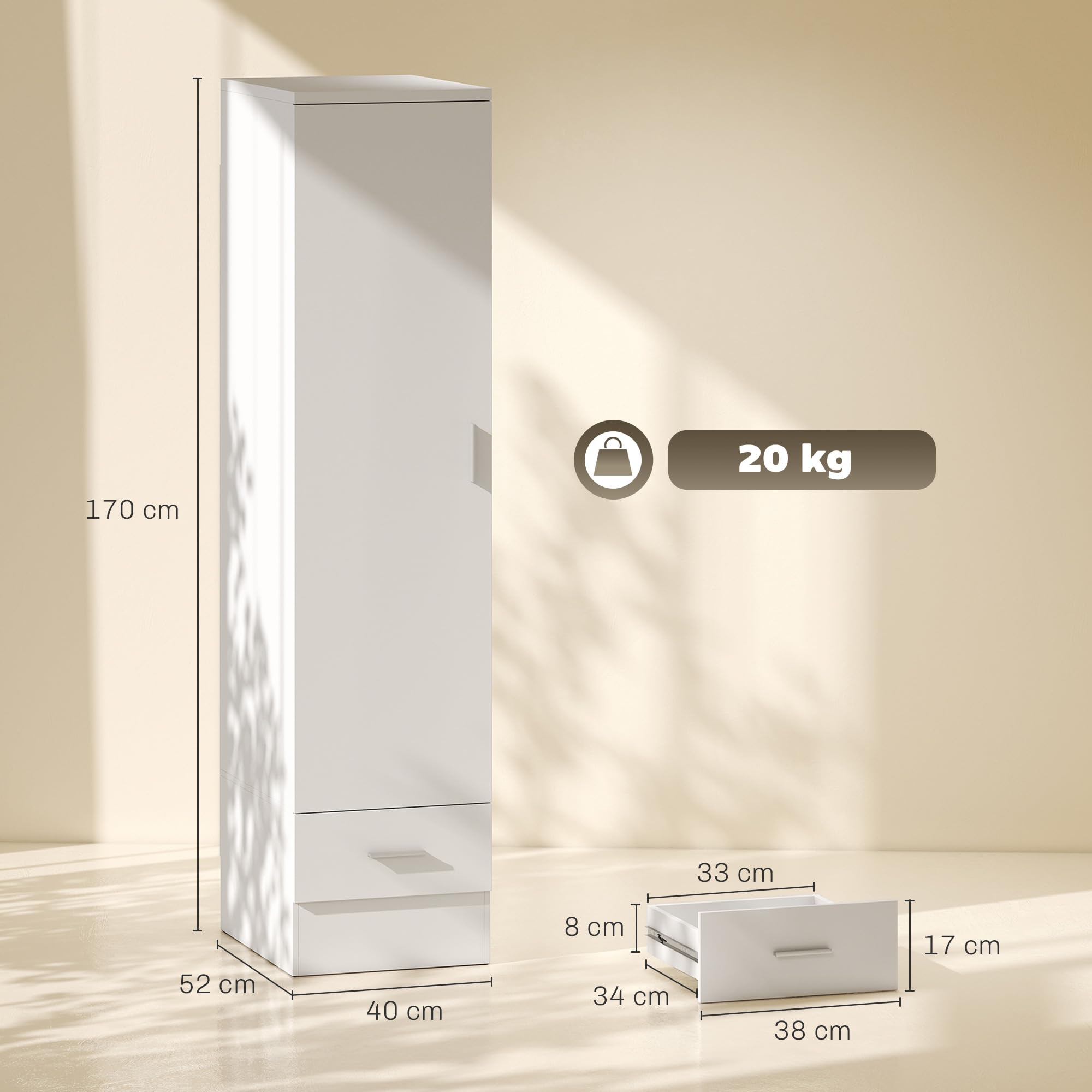 HOMCOM Armario Dormitorio Moderno, Armario Ropero 40x52x170 cm Blanco | Barra para Colgar, Cajón, Estante Superior