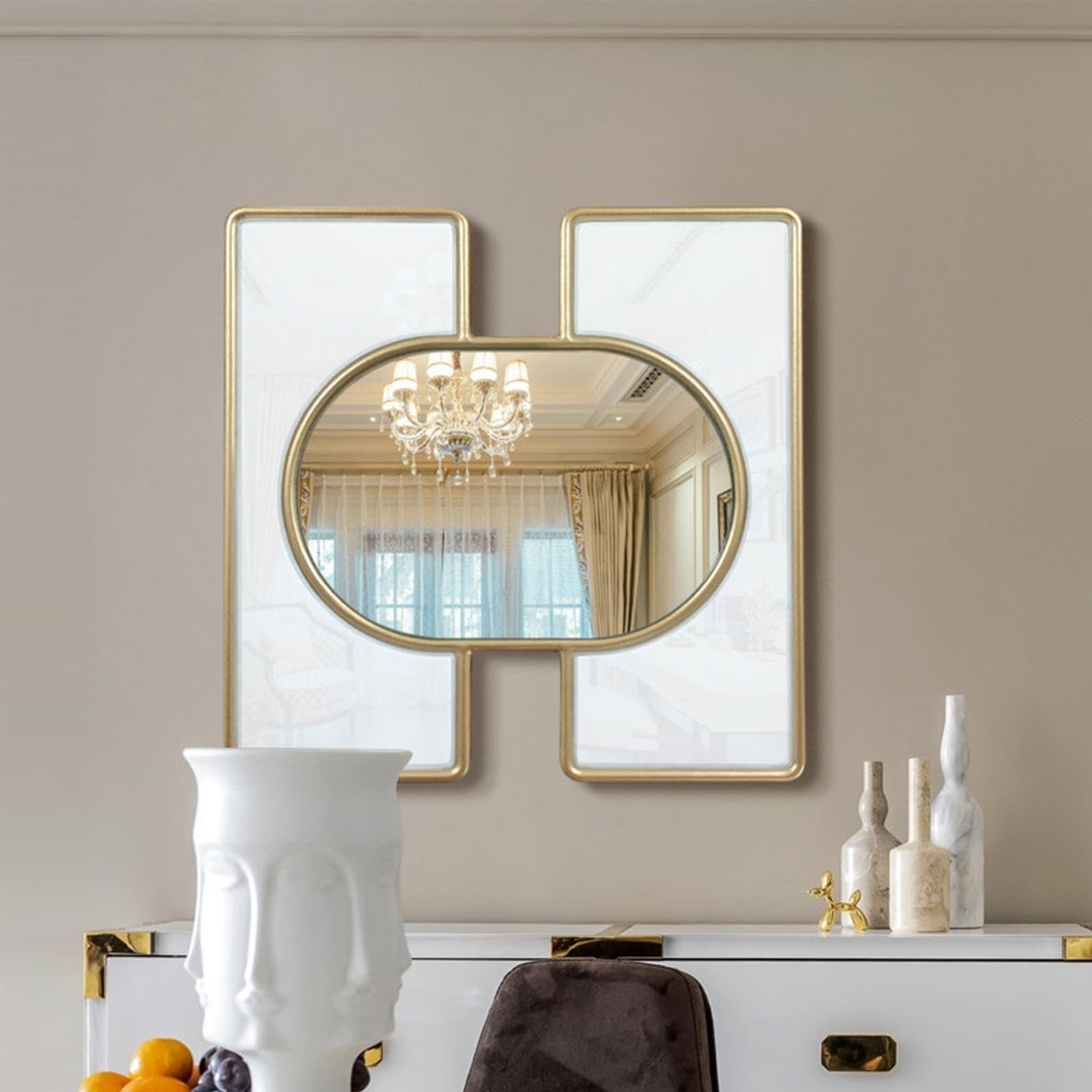 Specchio da parete decorativo geometrico moderno da 40 cm, specchio con cornice dorata, decorazione artistica da parete, scultura di lusso da parete per ingresso, corridoio, soggiorno