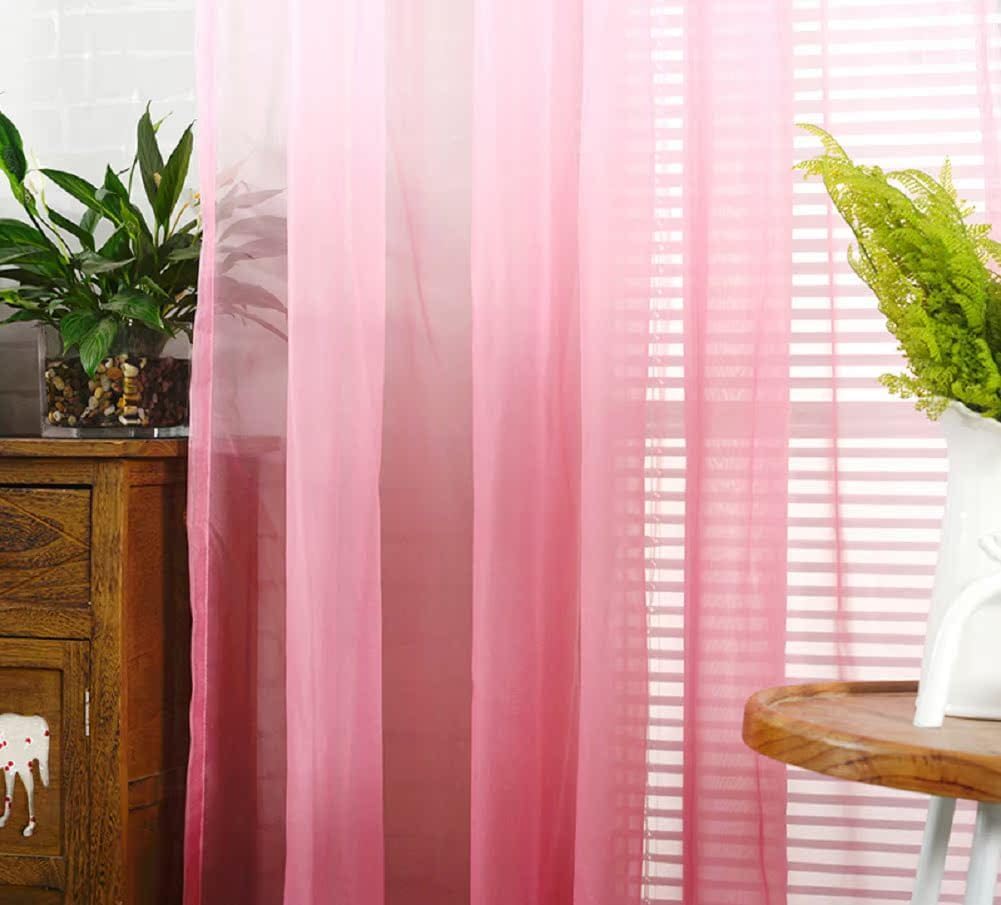 HooHero Pink Living Room Bedroom Sheer Curtains Window Treatments Rod Pocket Top for Kids Nursery Room Modern Simple Ombre