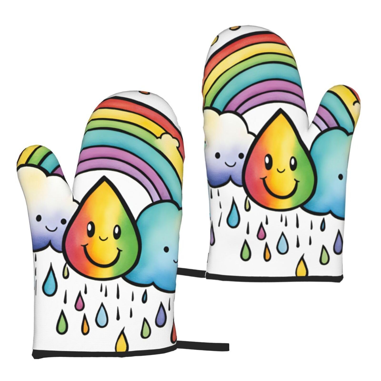 Nimongt Women's Black Rainbow Clouds Raindrop 1 Print Adults Universal Fit Heat Resistant Oven Gloves Reusable Cooking Outdoor Grilling