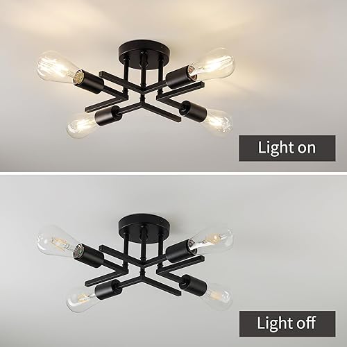 Miniatura 4 de Lámpara industrial de techo semiempotrada de 4 luces, moderna lámpara Sputnik de metal negro con base de bombilla E26 cerca de la luz de techo para