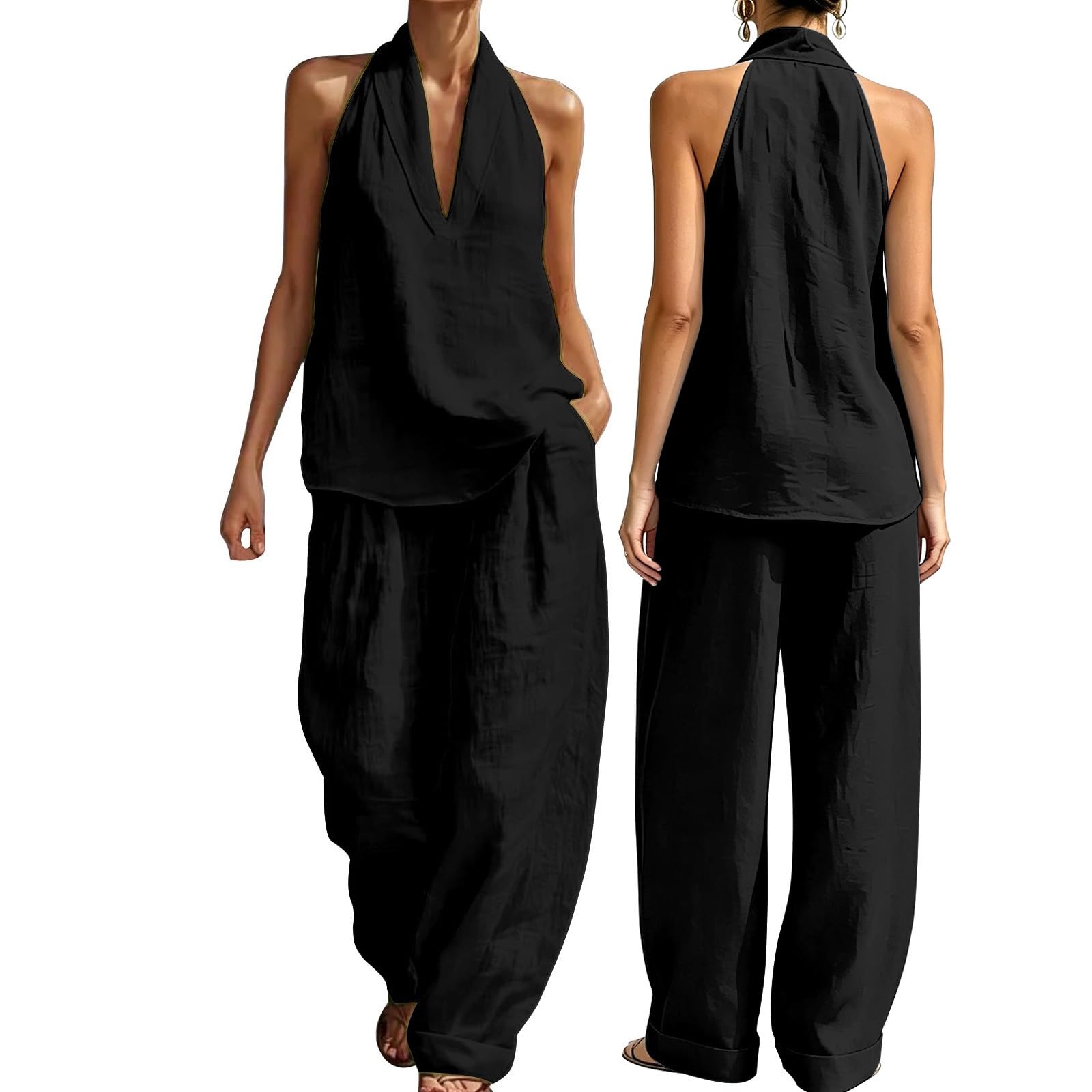 Zweiteiler Damen Sommer Outfits,Leinen Set Trainingsanzug Sets Kurzarm Oberteil & Jogginghosen,Weites Bein hosen für Freizeit Hausgebrauch,Outfit Damen Set Elegant,Bequem Atmungsaktiv