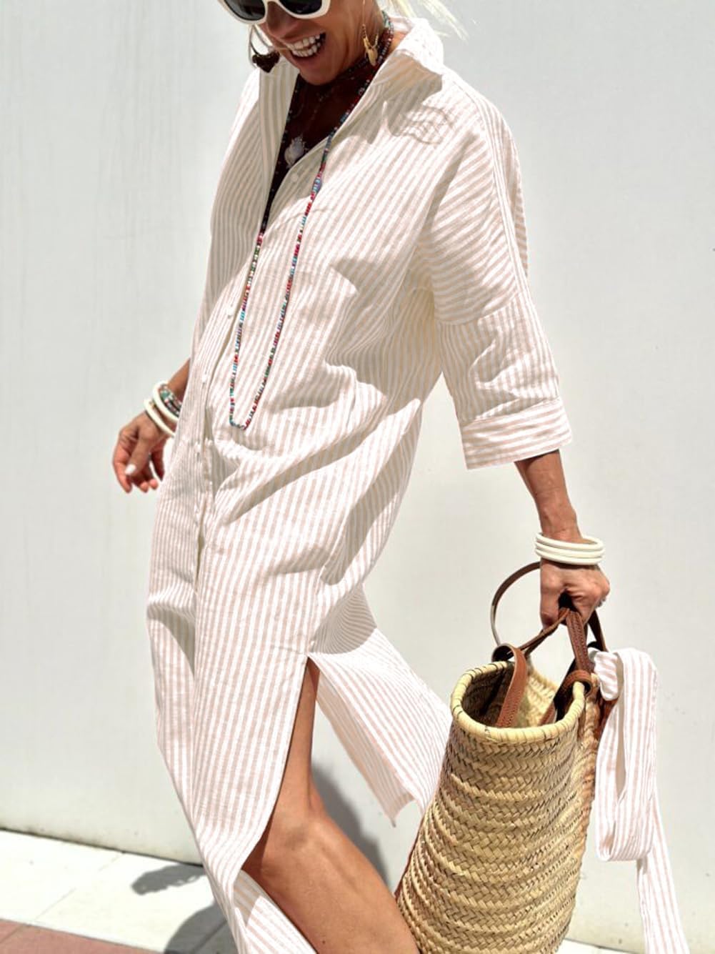 chouyatou Women's Summer 3/4 Sleeve Striped Shirt Dress Belted Maxi Long Casual Button Down Beach Dress - Image 3